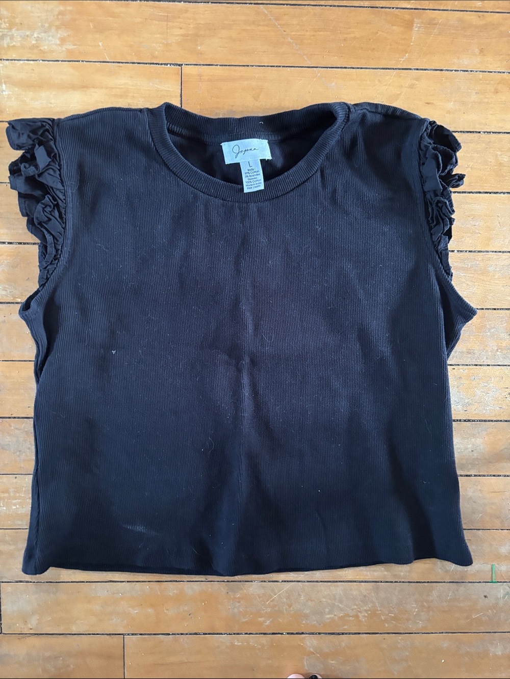 Black Ribbed Crewneck Tank with Ruffle Cap Sleeves